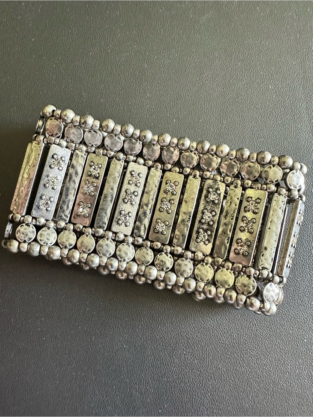 Gunmetal stretch bracelet textured metal panels with sparkling rhinestones